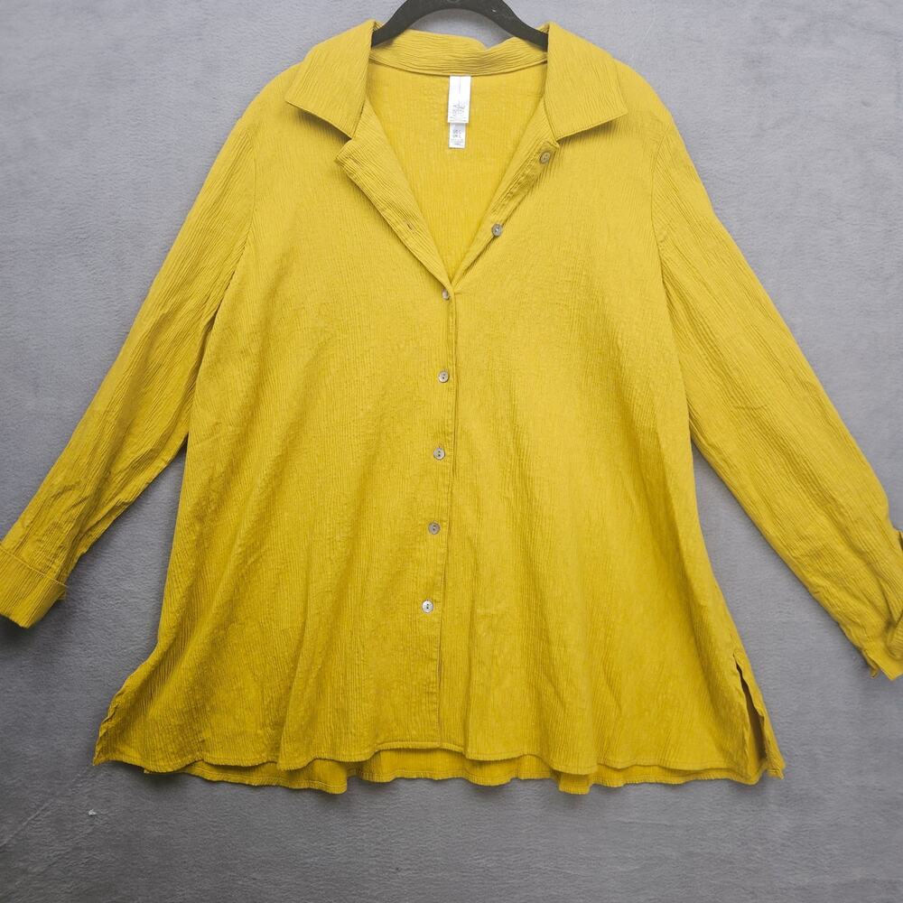 Maria Wyntte Yellow Button Up Coastal Blouse Textured Long Sleeve Top Size Large